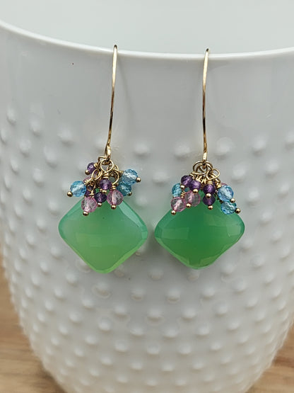 14k Gold-Filled Chrysoprase, Pink Topaz, Blue Topaz, & Amethyst Gemstone Earrings