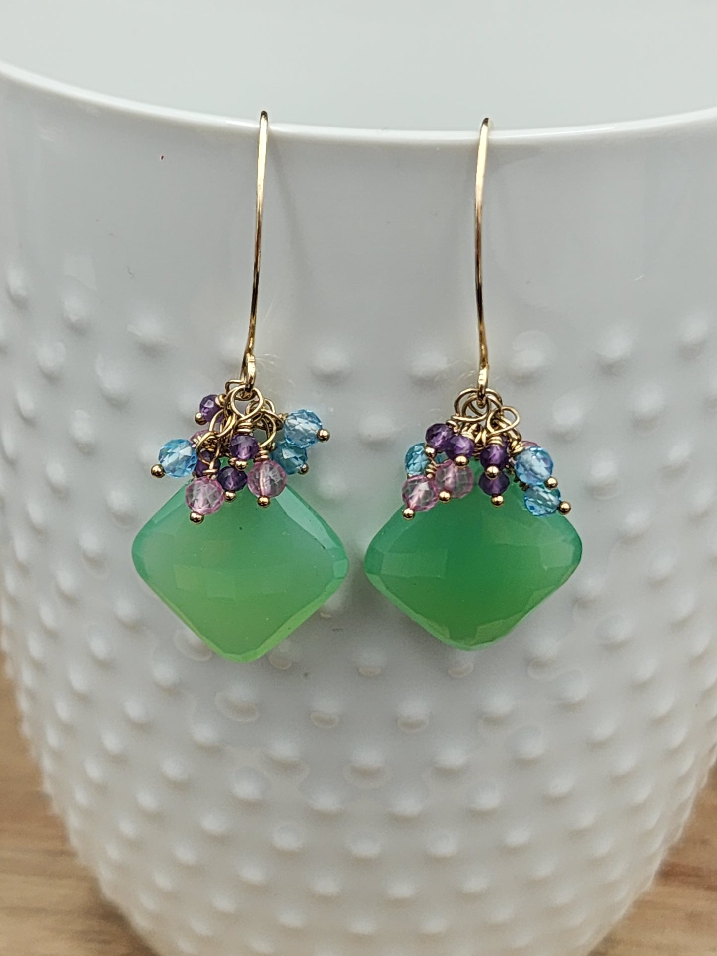 14k Gold-Filled Chrysoprase, Pink Topaz, Blue Topaz, & Amethyst Gemstone Earrings