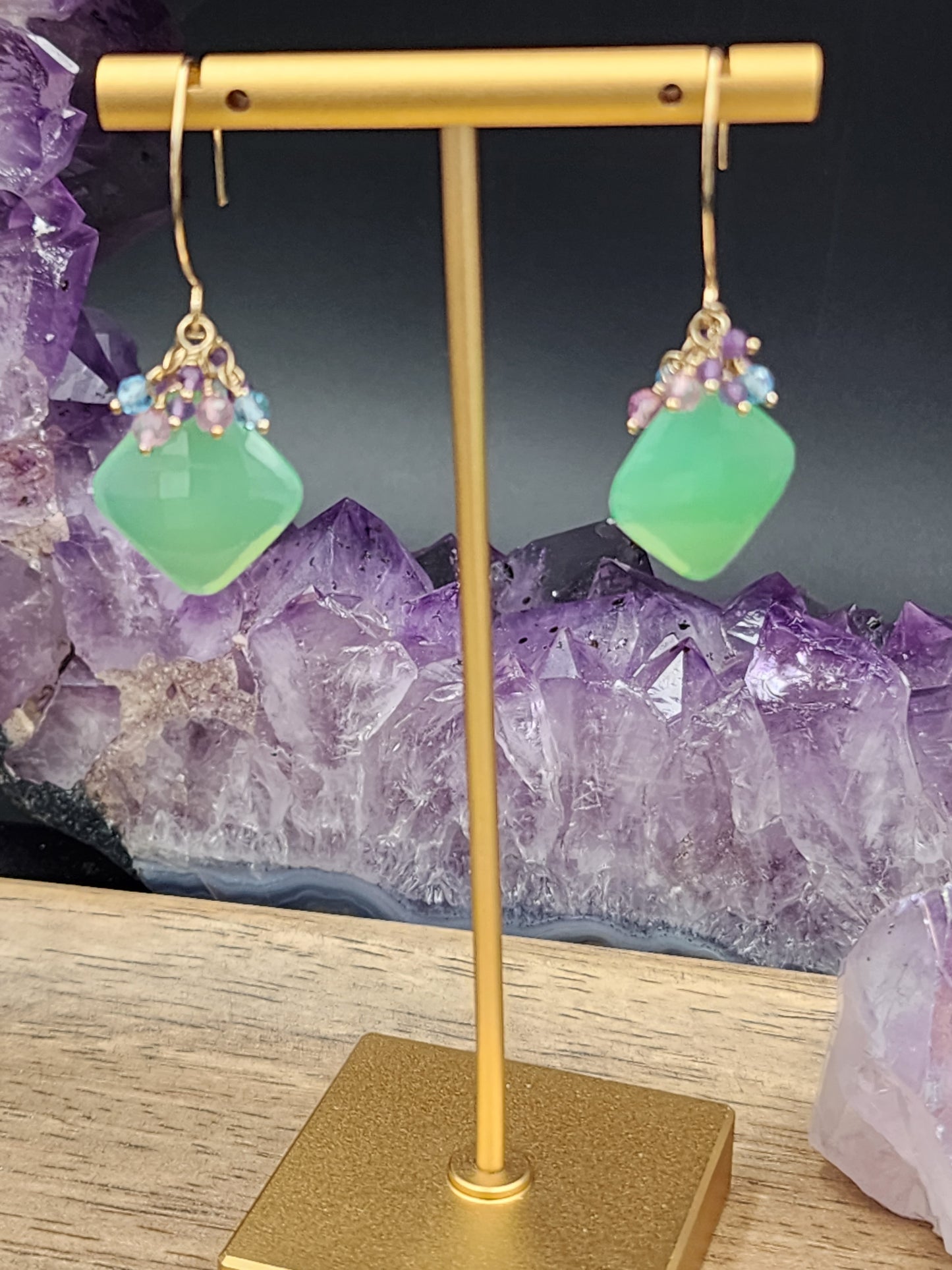 14k Gold-Filled Chrysoprase, Pink Topaz, Blue Topaz, & Amethyst Gemstone Earrings