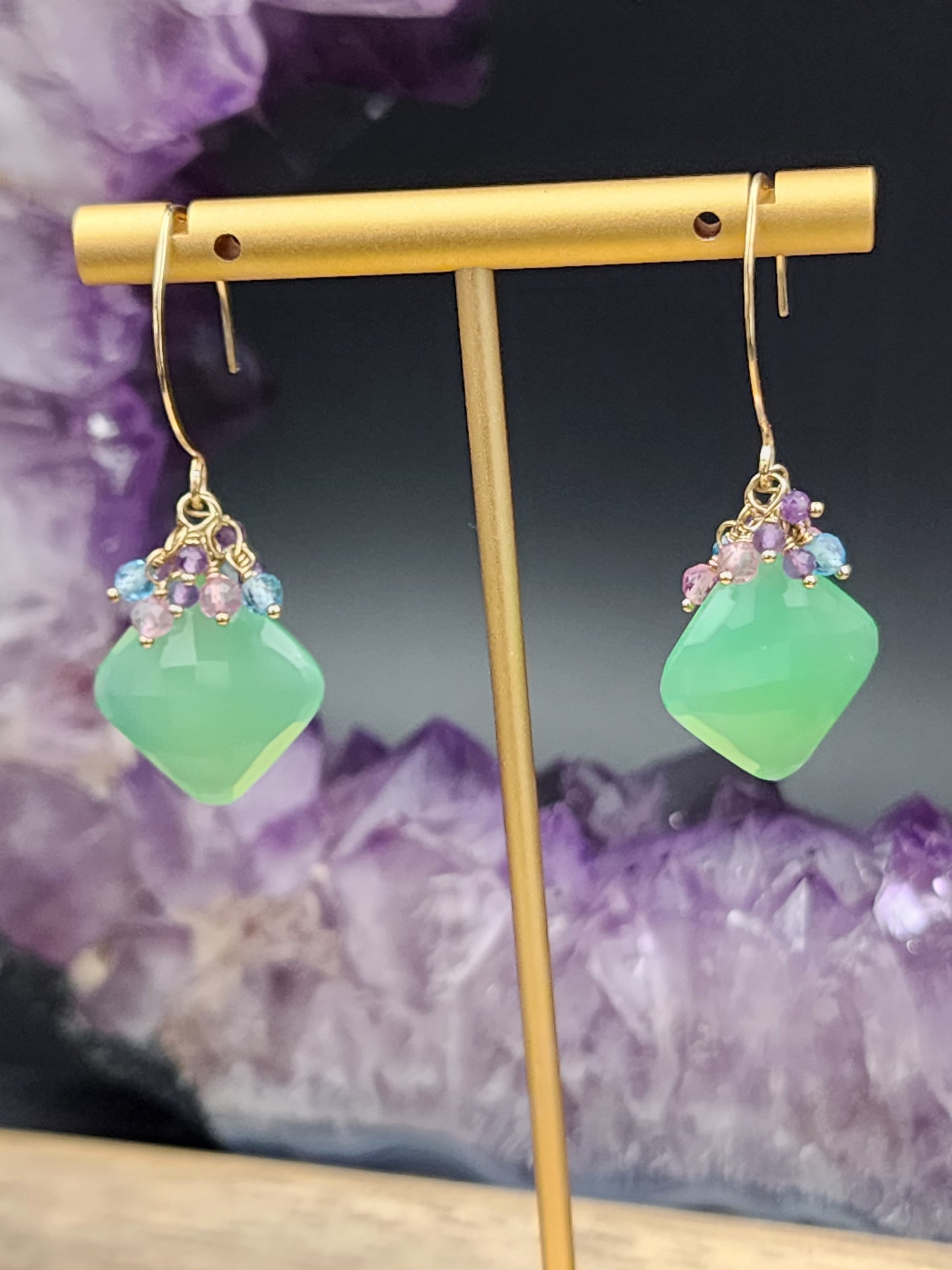 14k Gold-Filled Chrysoprase, Pink Topaz, Blue Topaz, & Amethyst Gemstone Earrings