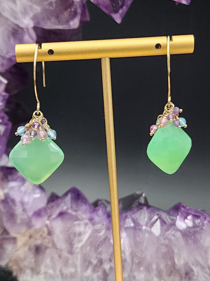 14k Gold-Filled Chrysoprase, Pink Topaz, Blue Topaz, & Amethyst Gemstone Earrings