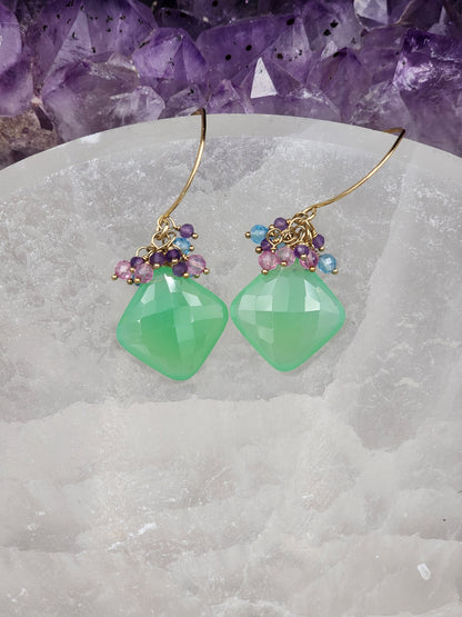 14k Gold-Filled Chrysoprase, Pink Topaz, Blue Topaz, & Amethyst Gemstone Earrings