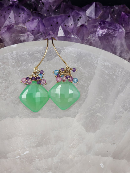 14k Gold-Filled Chrysoprase, Pink Topaz, Blue Topaz, & Amethyst Gemstone Earrings