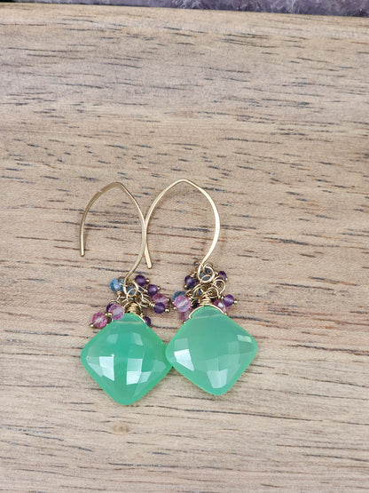 14k Gold-Filled Chrysoprase, Pink Topaz, Blue Topaz, & Amethyst Gemstone Earrings