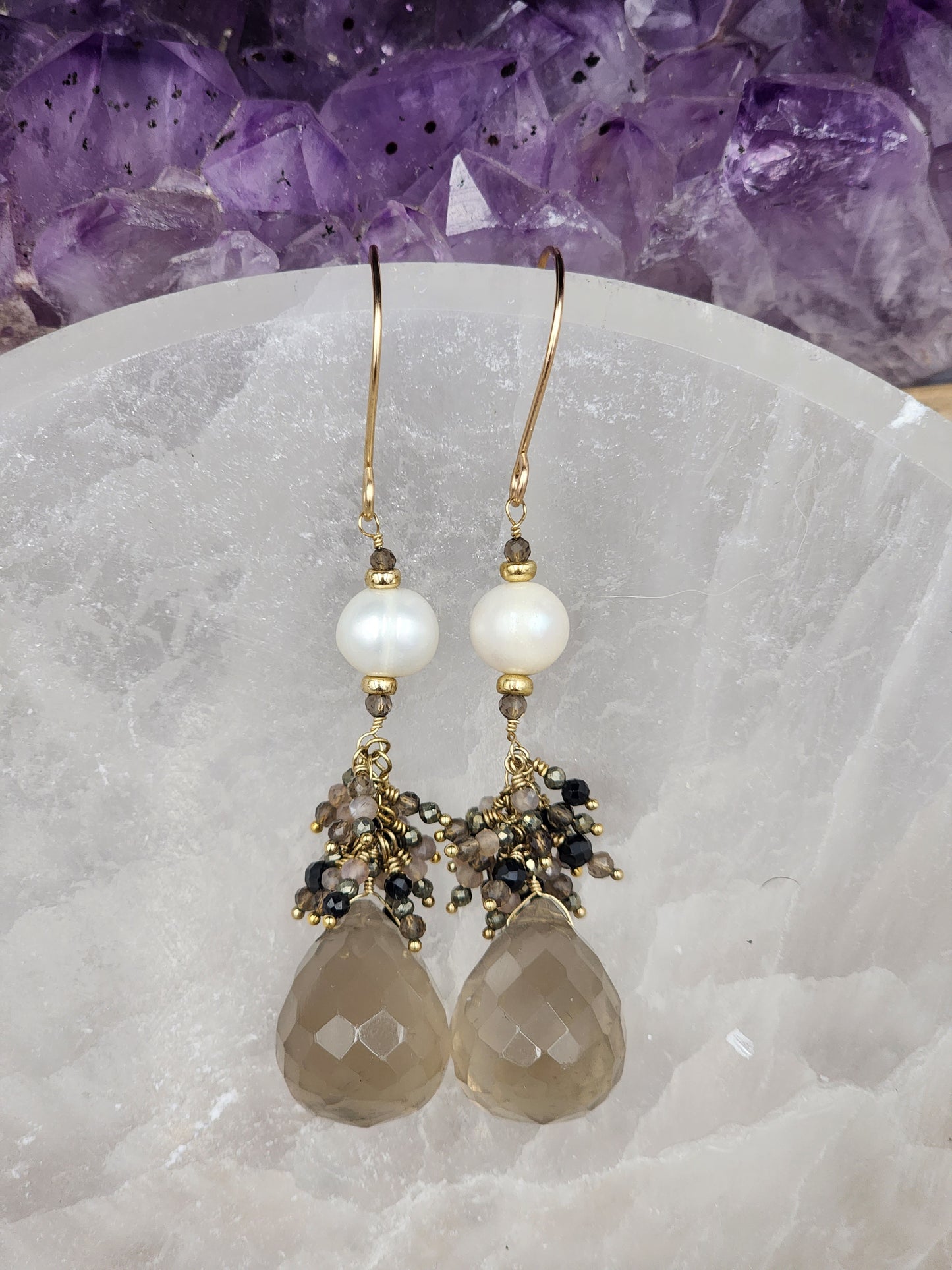 14K Gold-Filled Smokey Quartz, Black Spinel, Pearl, Black tourmaline, Pyrite & Chocolate Moonstone Earrings