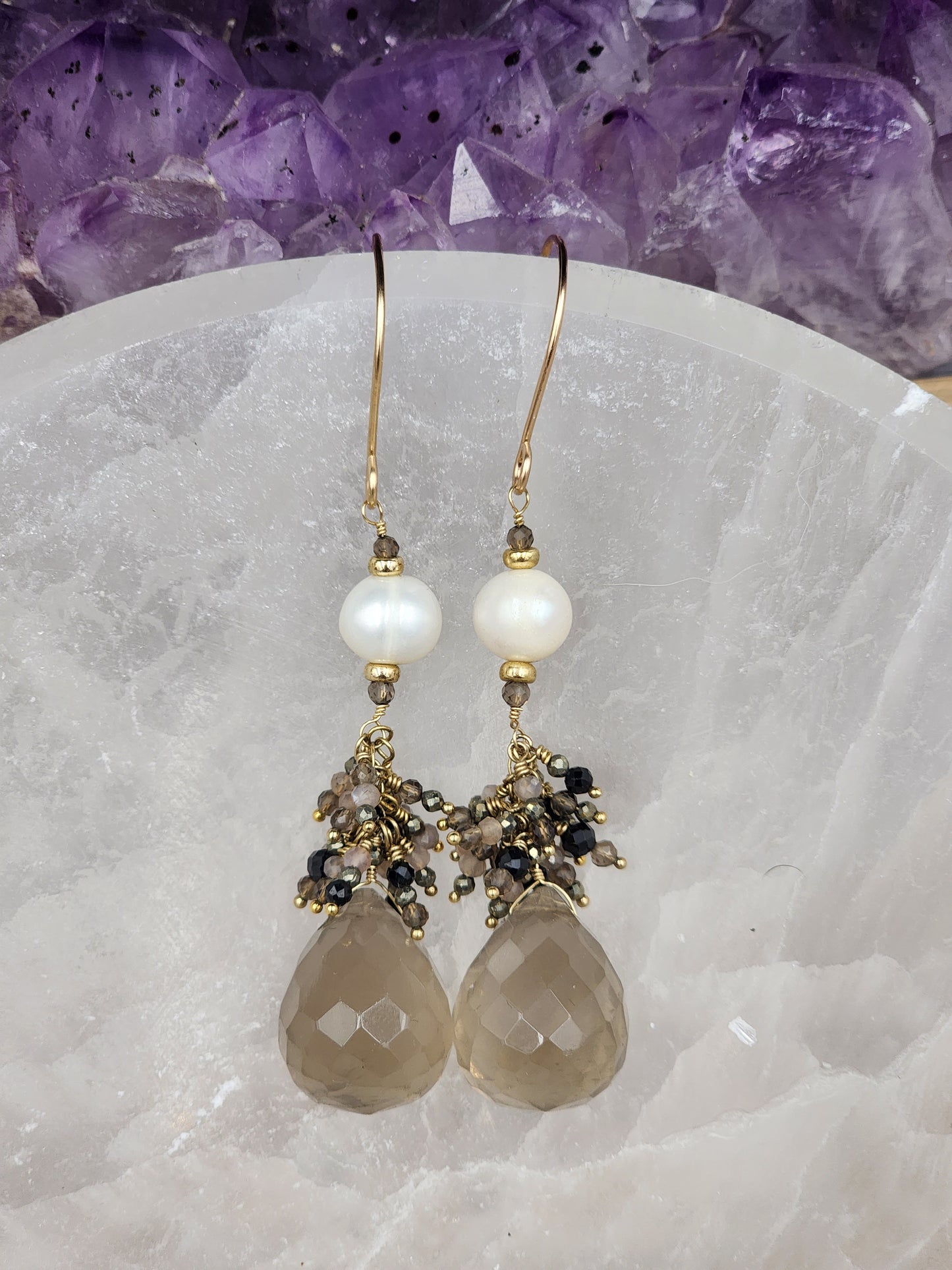 14K Gold-Filled Smokey Quartz, Black Spinel, Pearl, Black tourmaline, Pyrite & Chocolate Moonstone Earrings