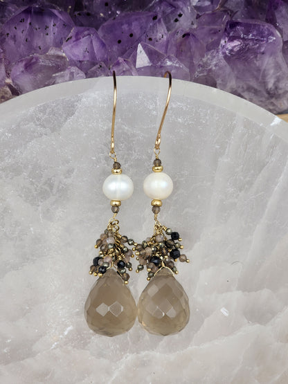 14K Gold-Filled Smokey Quartz, Black Spinel, Pearl, Black tourmaline, Pyrite & Chocolate Moonstone Earrings