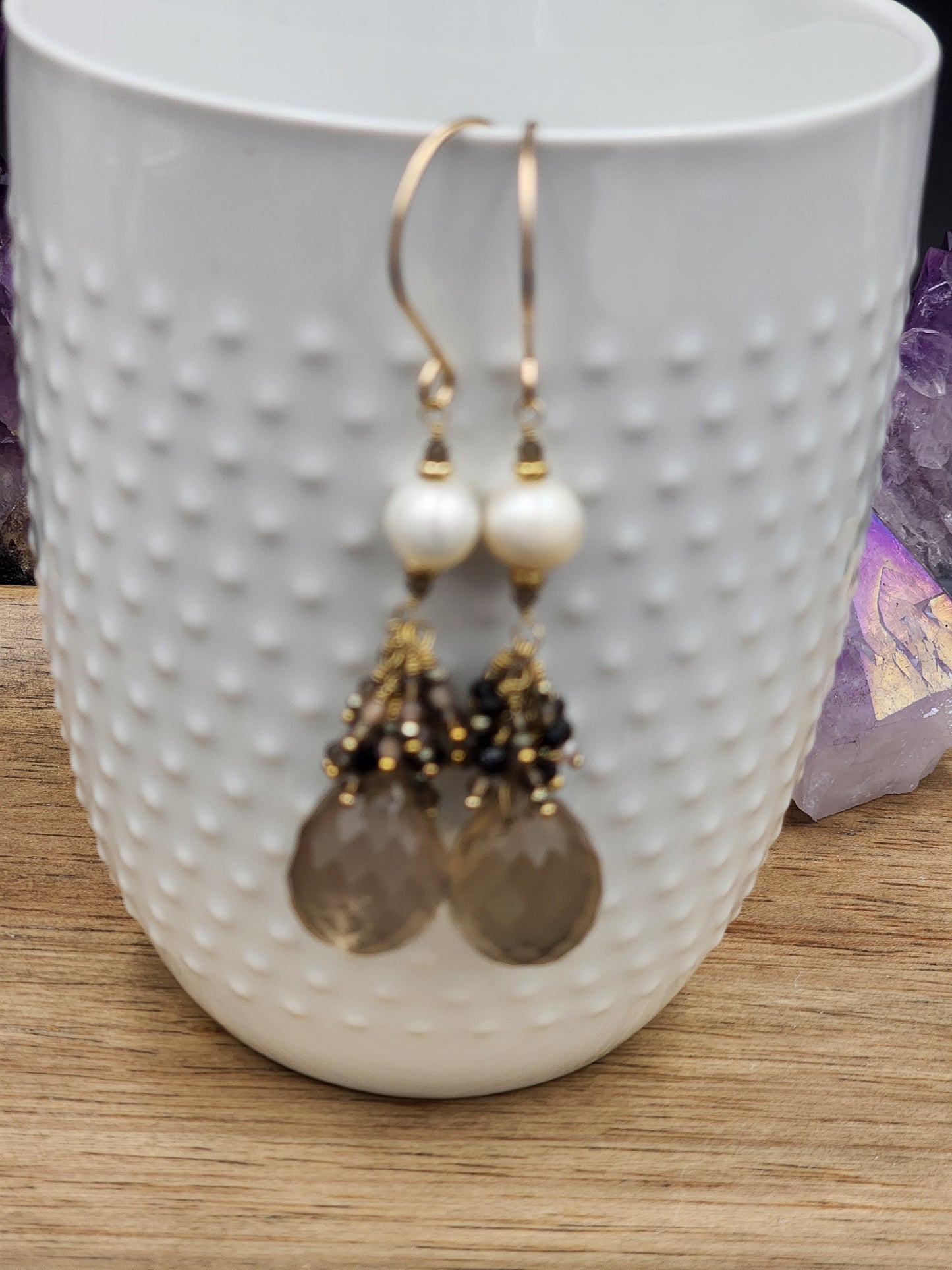 14K Gold-Filled Smokey Quartz, Black Spinel, Pearl, Black tourmaline, Pyrite & Chocolate Moonstone Earrings