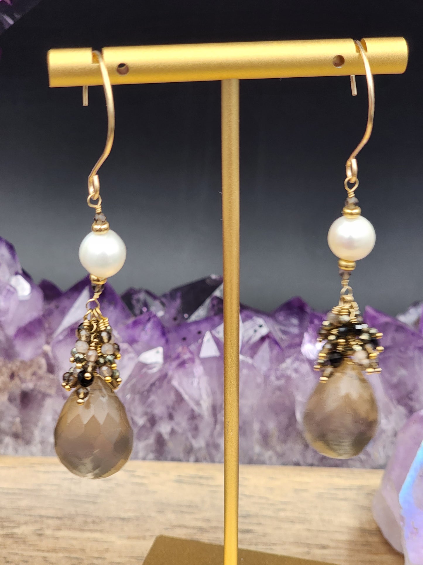 14K Gold-Filled Smokey Quartz, Black Spinel, Pearl, Black tourmaline, Pyrite & Chocolate Moonstone Earrings