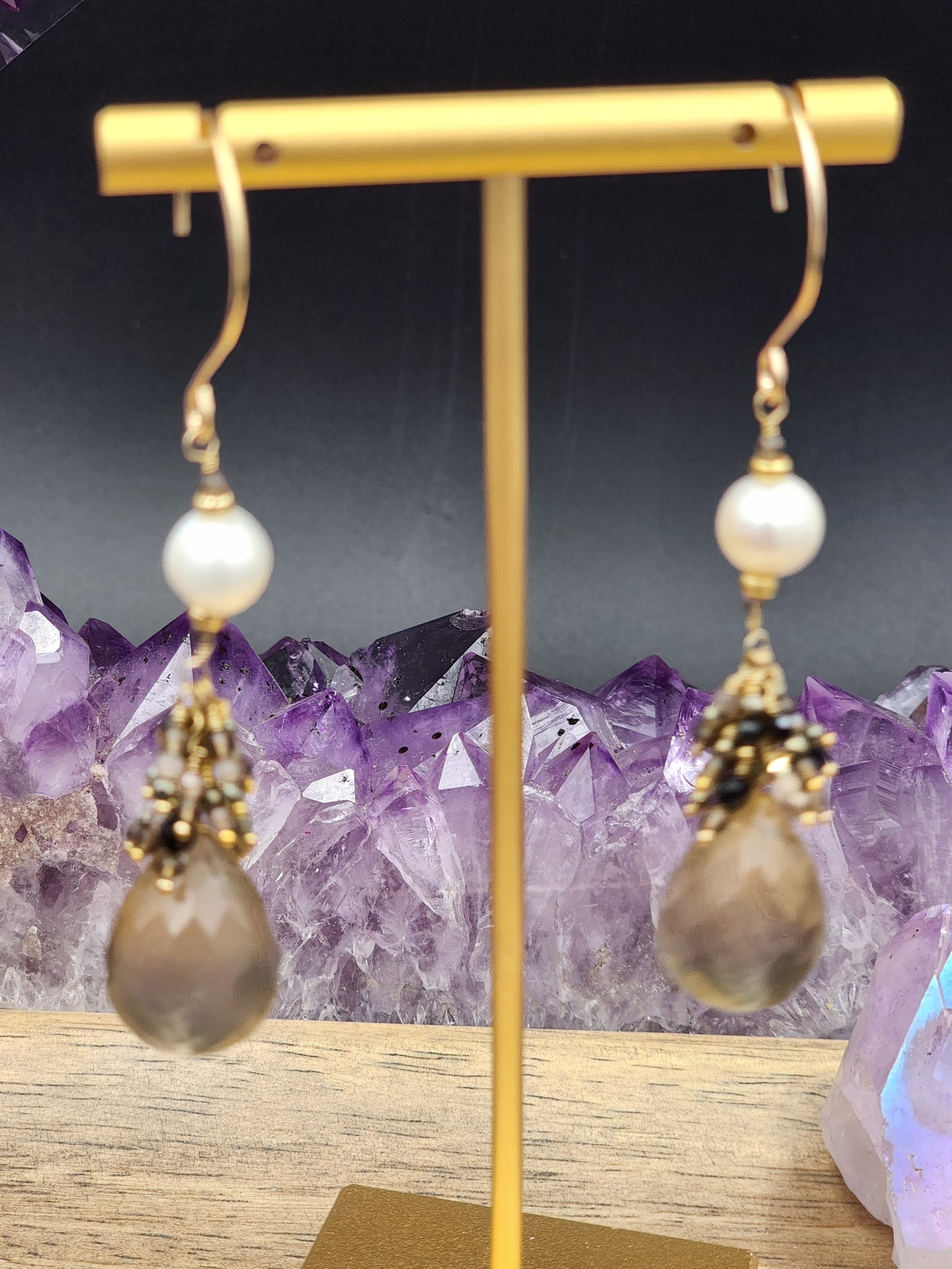 14K Gold-Filled Smokey Quartz, Black Spinel, Pearl, Black tourmaline, Pyrite & Chocolate Moonstone Earrings