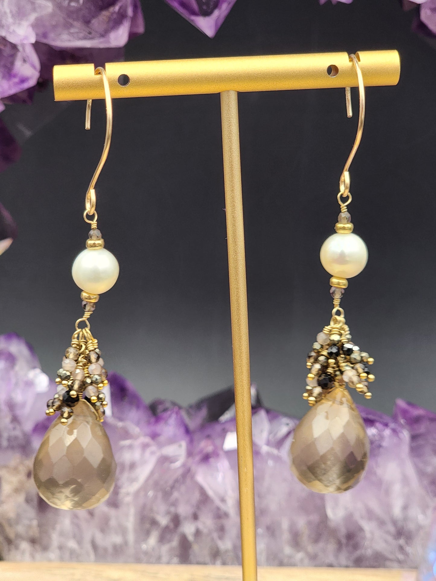 14K Gold-Filled Smokey Quartz, Black Spinel, Pearl, Black tourmaline, Pyrite & Chocolate Moonstone Earrings