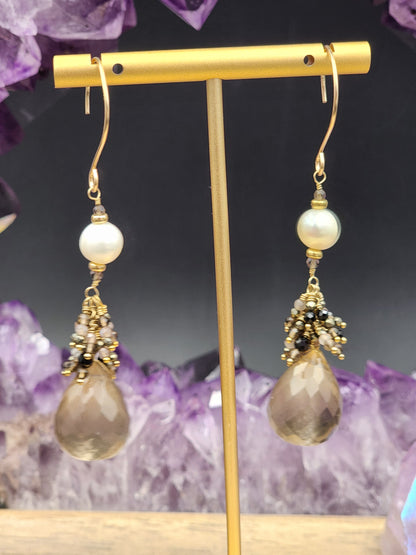 14K Gold-Filled Smokey Quartz, Black Spinel, Pearl, Black tourmaline, Pyrite & Chocolate Moonstone Earrings