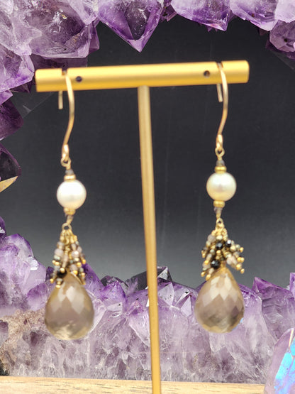 14K Gold-Filled Smokey Quartz, Black Spinel, Pearl, Black tourmaline, Pyrite & Chocolate Moonstone Earrings