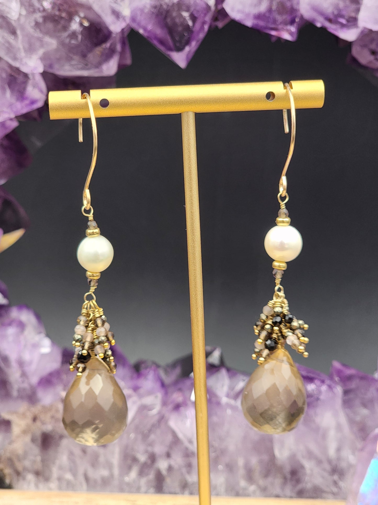 14K Gold-Filled Smokey Quartz, Black Spinel, Pearl, Black tourmaline, Pyrite & Chocolate Moonstone Earrings