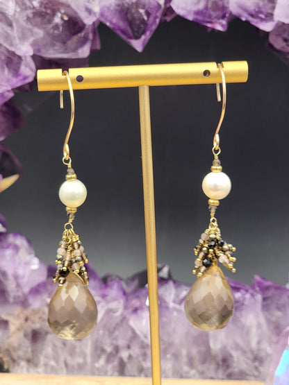 14K Gold-Filled Smokey Quartz, Black Spinel, Pearl, Black tourmaline, Pyrite & Chocolate Moonstone Earrings