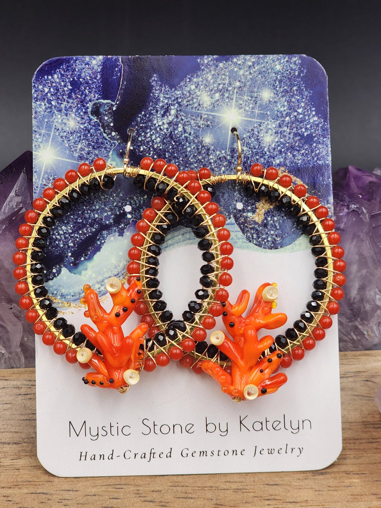 14k Gold-Filled Italian Coral & Black Spinel Gemstone Earrings with lampwork glass coral