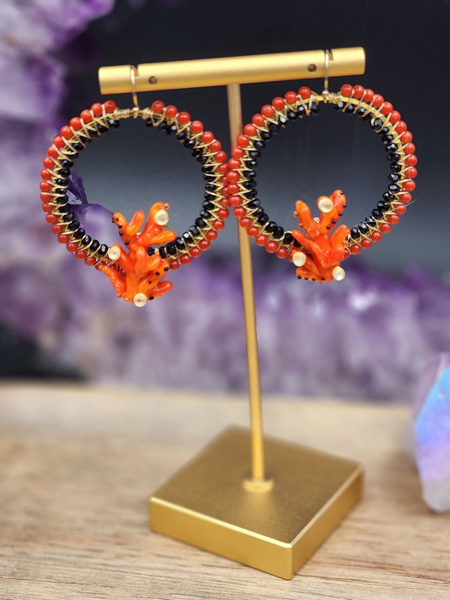 14k Gold-Filled Italian Coral & Black Spinel Gemstone Earrings with lampwork glass coral