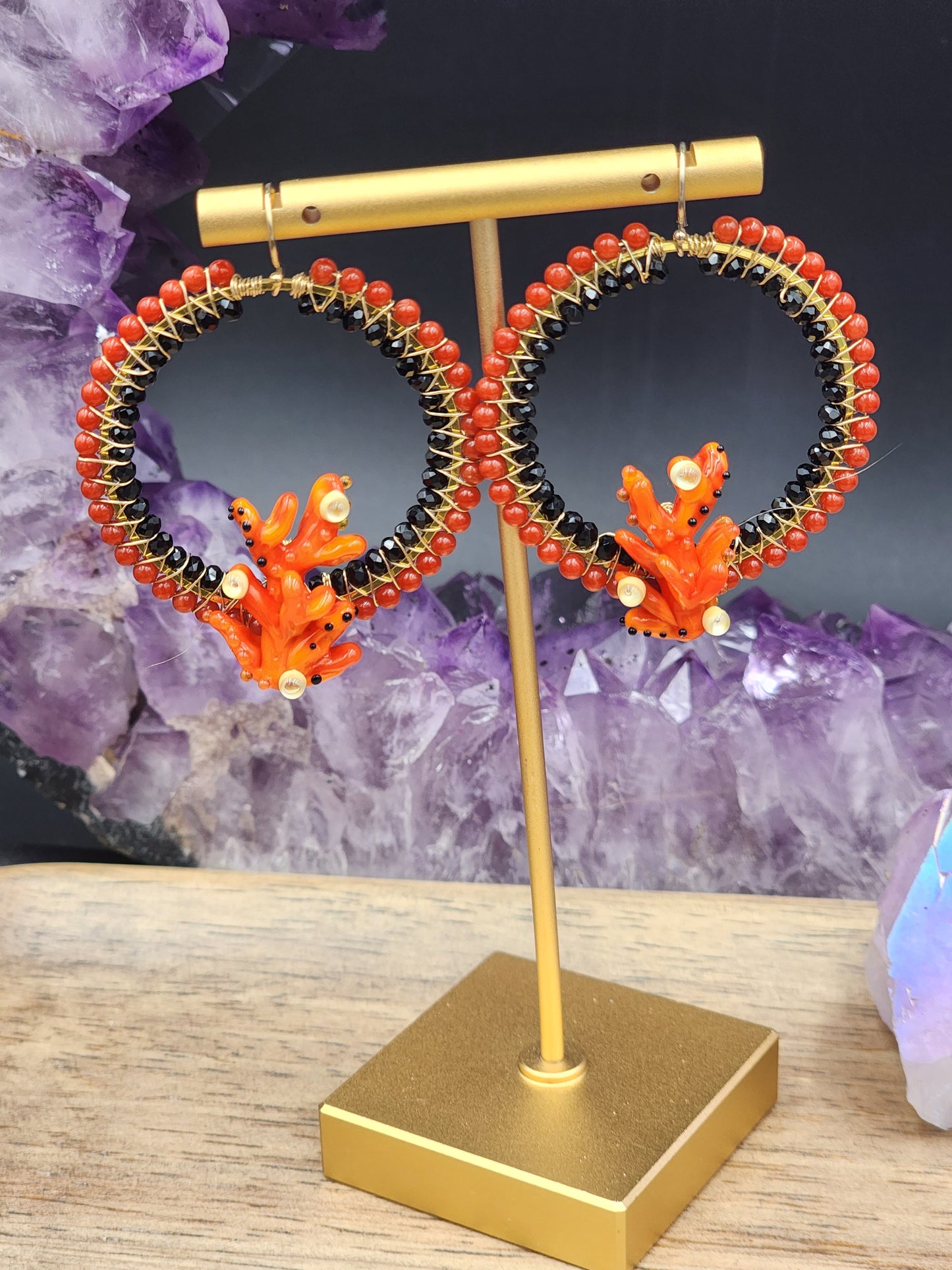 14k Gold-Filled Italian Coral & Black Spinel Gemstone Earrings with lampwork glass coral