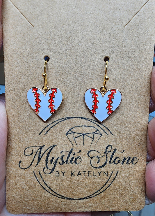 Gold plated heart shaped baseball charm style earrings