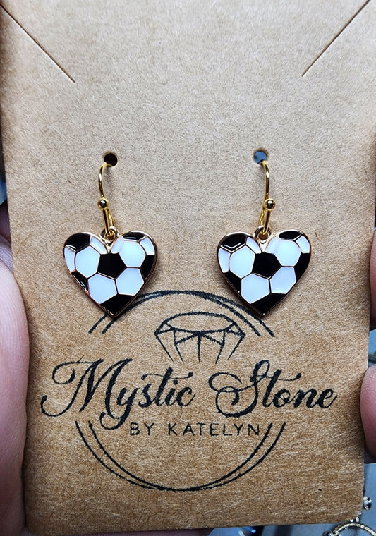 Gold plated heart shaped soccer ball enamel charm style earrings