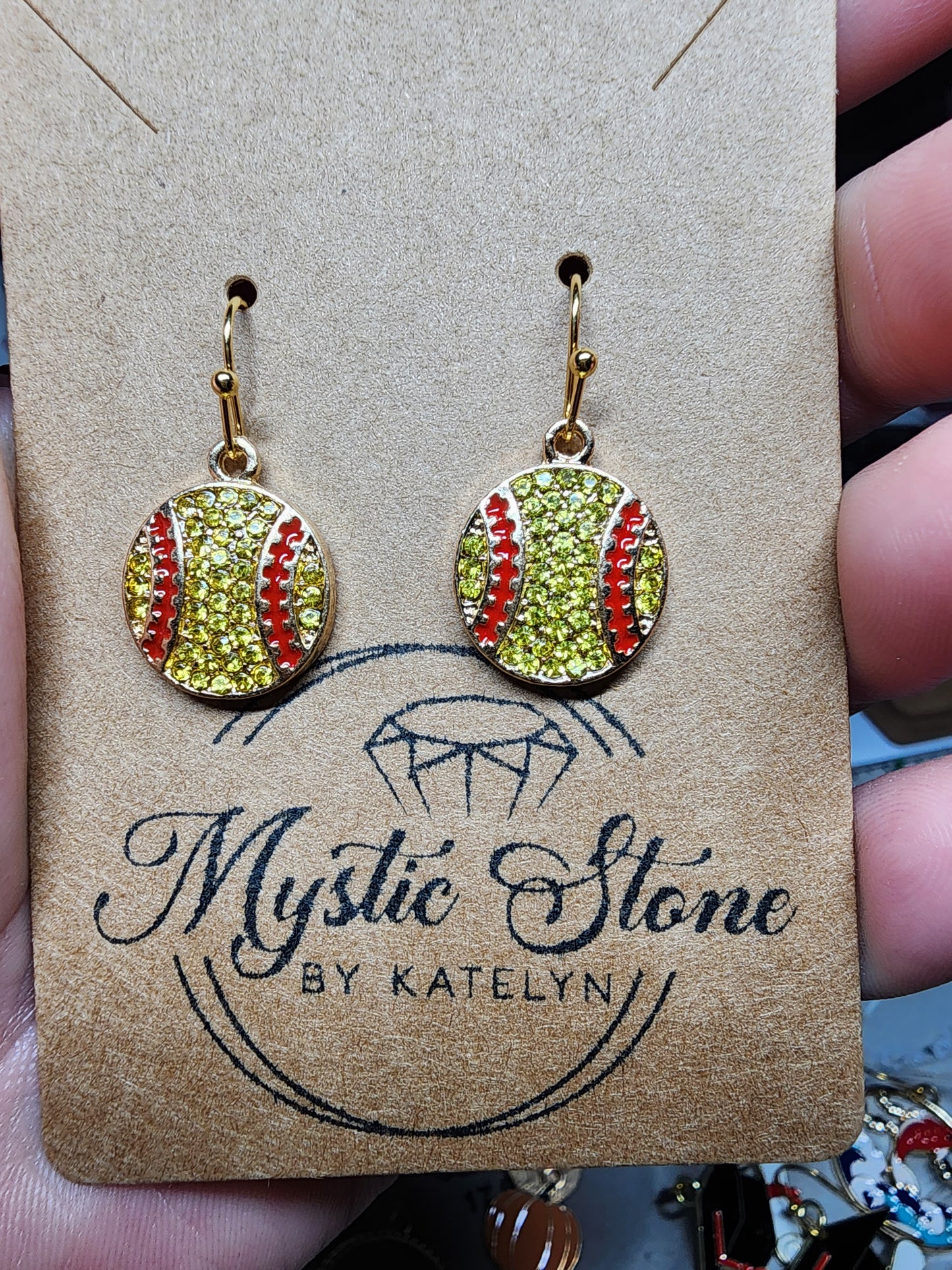 Sparkley, Gold plated, hypoallergenic Softball charm style earrings.