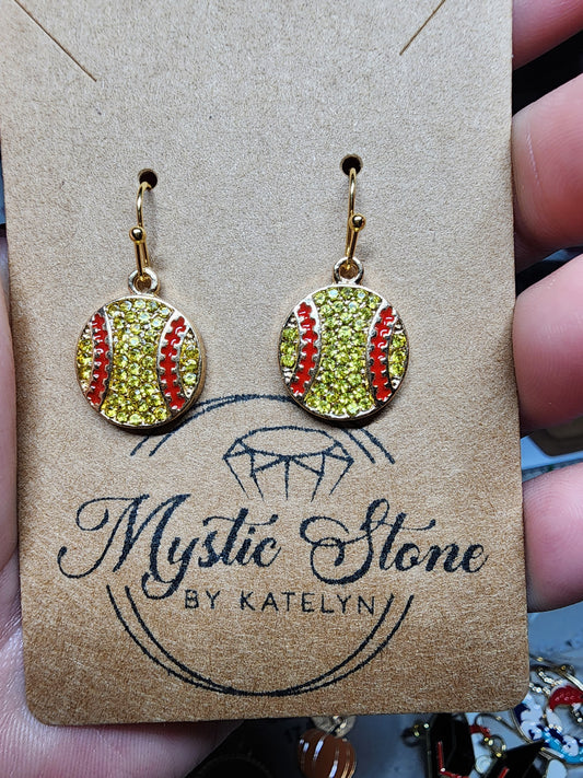 Sparkley, Gold plated, hypoallergenic Softball charm style earrings.