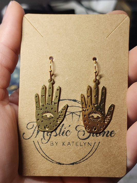 Gold plated fortune teller hand charm style earrings