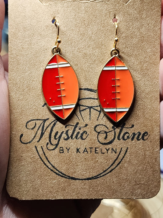 Gold plated red & orange enamel football charm style earrings