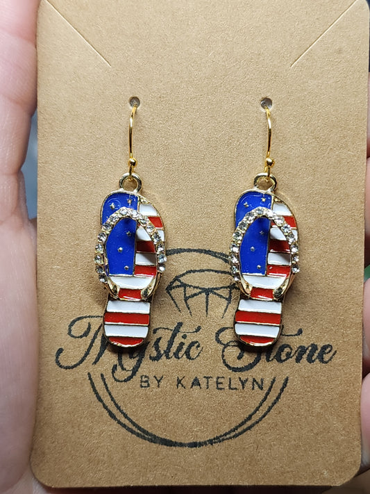 Gold or silver plated American Flag flip flop charm style earrings