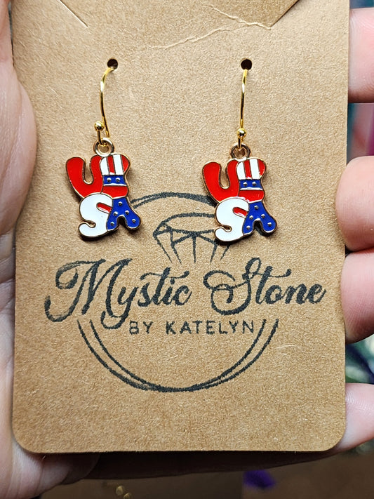 Gold Plated red white & blue "USA" charm style earrings