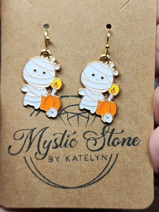 Gold Plated Mummy with Pumpkin charm style earrings