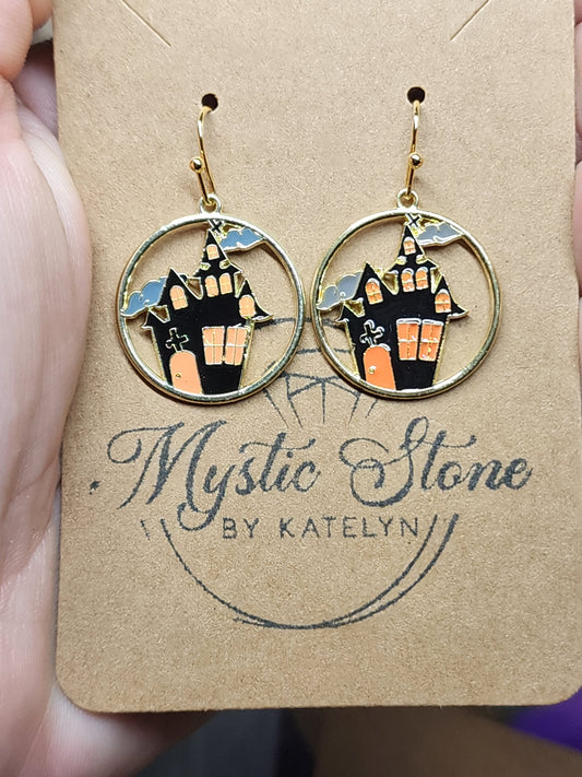 Gold plated haunted house charm style earrings