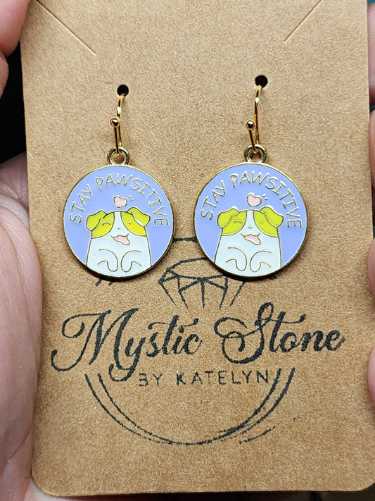 Gold plated "Stay Pawsitive" charm style earrings