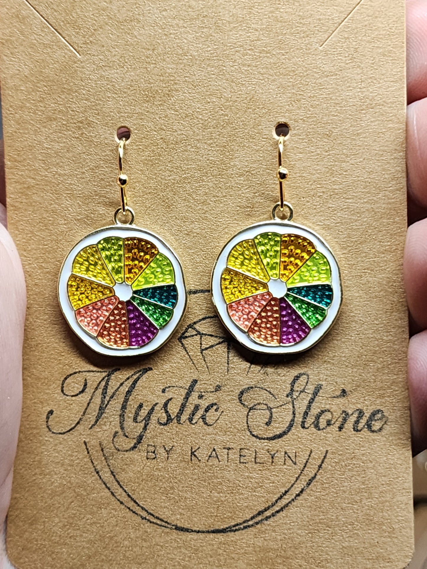 Gold plated rainbow citrus fruit charm style earrings