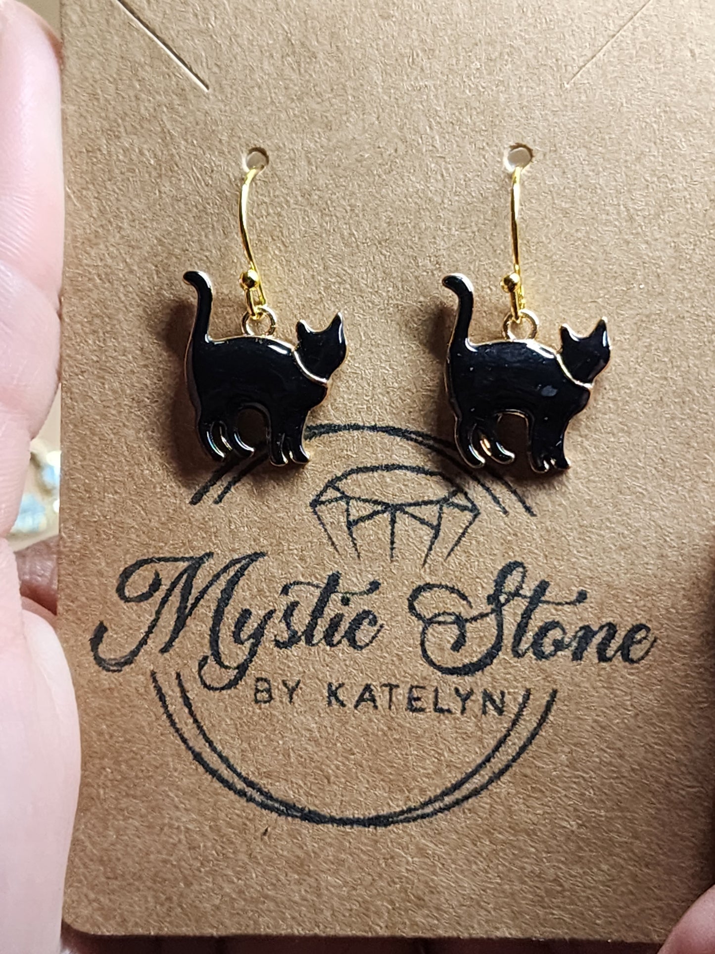 Gold plated black cat charm style earrings