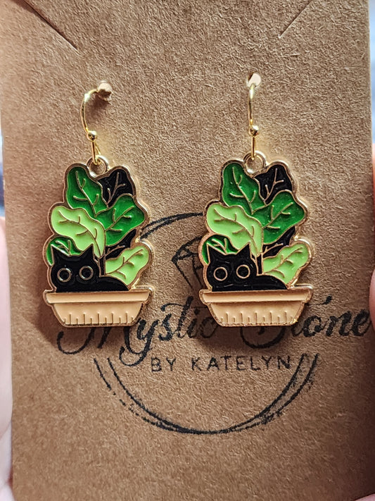 Gold plated black cat hiding in a plant 🪴 charm style earrings