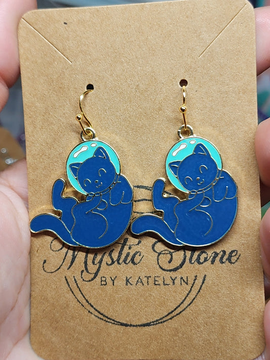 Gold plated space cat charm style earrings