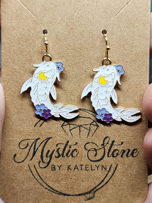 Gold plated white coi fish charm style earrings