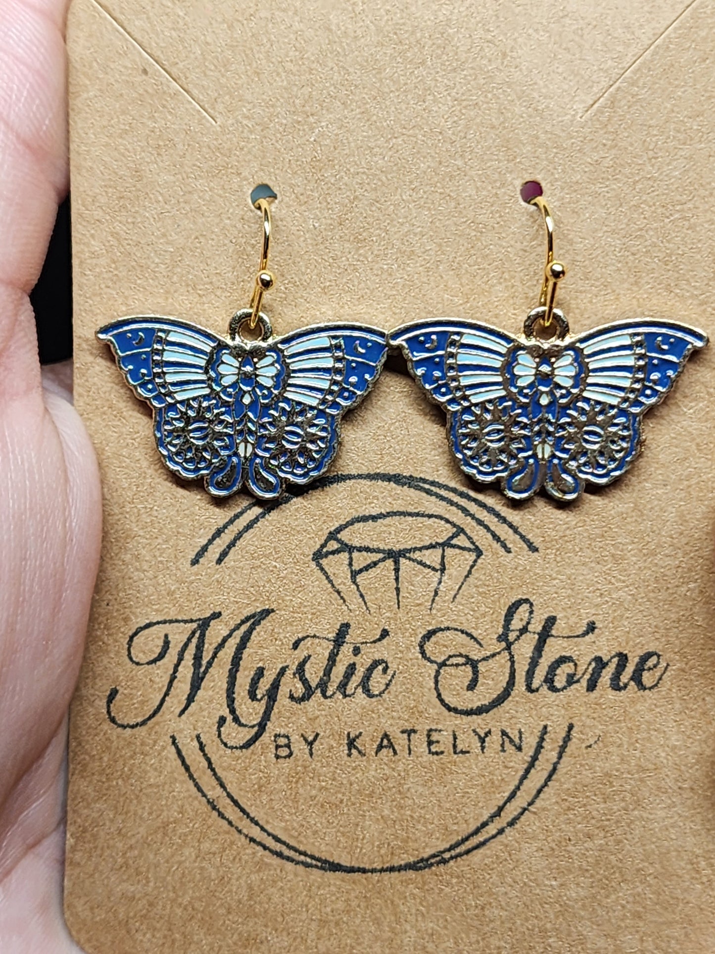 Gold plated Blue Moth charm style Earrings