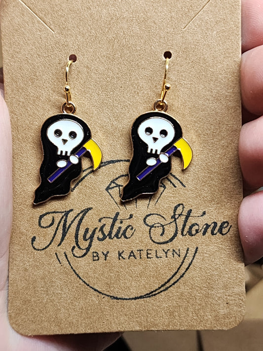 Gold plated grim reaper charm style earrings