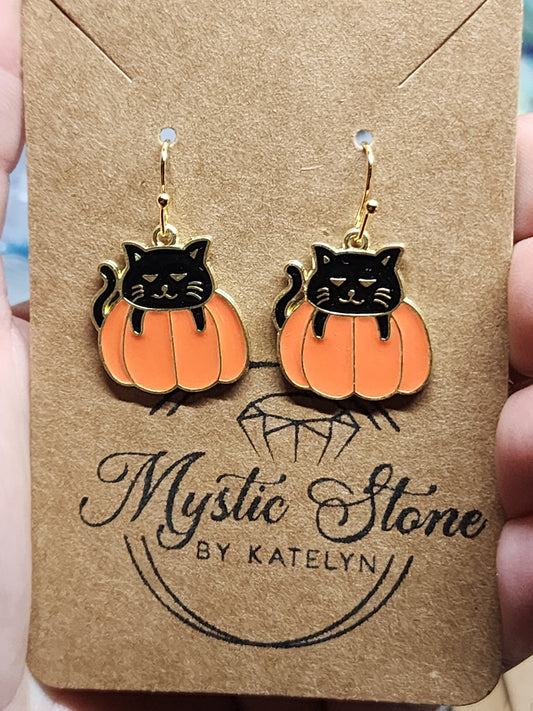 Gold plated Black cat in a pumpkin charm style earrings