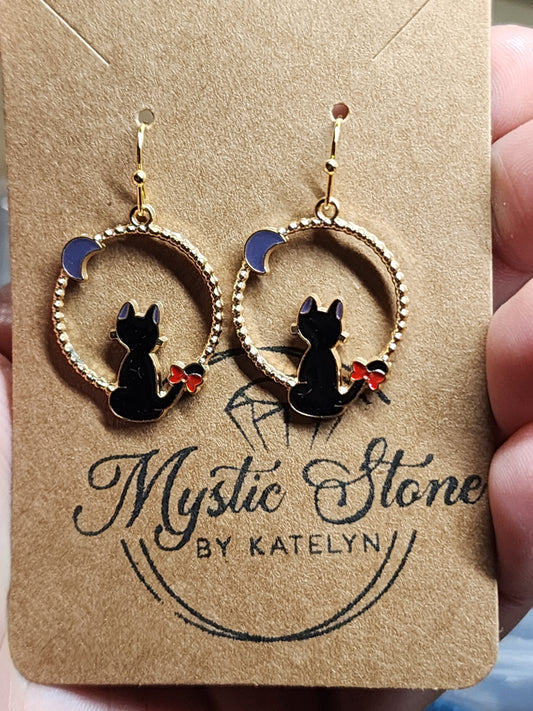 Gold plated black cat & moon charm style earrings