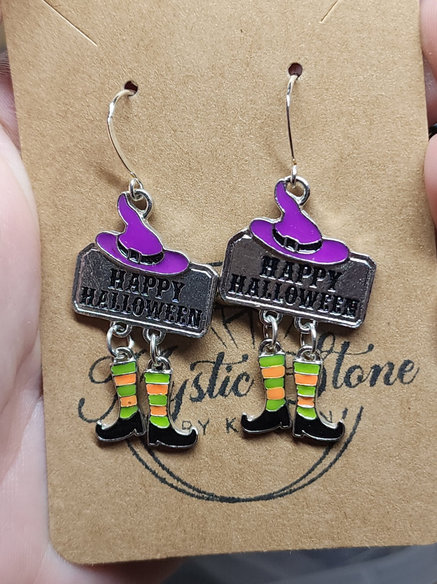 Silver Plated witch "happy Halloween " charm style earrings