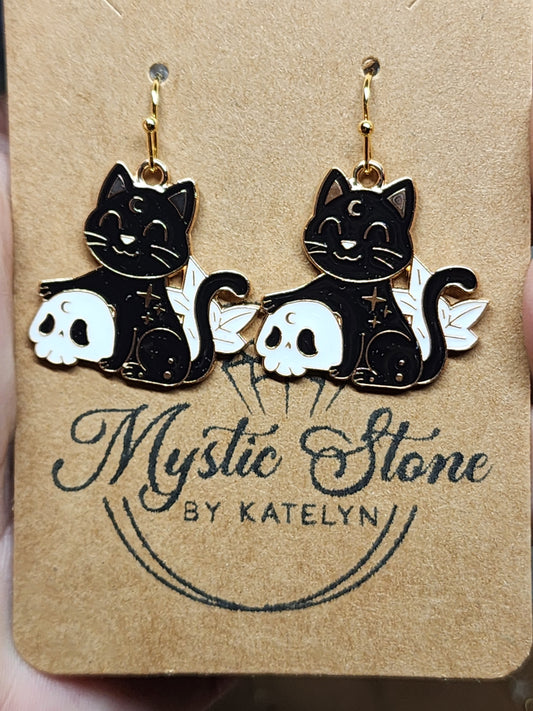 Gold plated black cat & skull charm style earrings