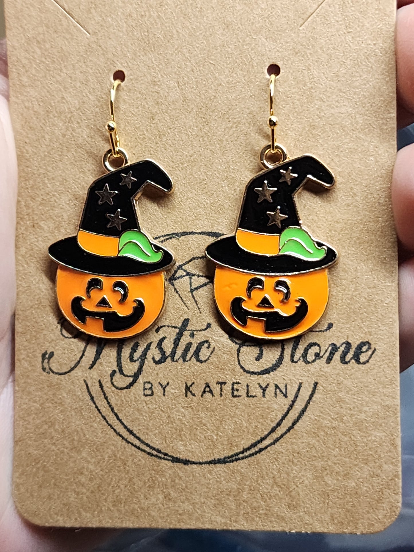 Gold plated jack-o-lantern witch charm style earrings