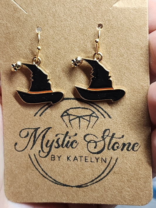 Gold plated witch's hat with skull charm style earrings , fun Halloween earrings, enamel hypoallergenic nickel free