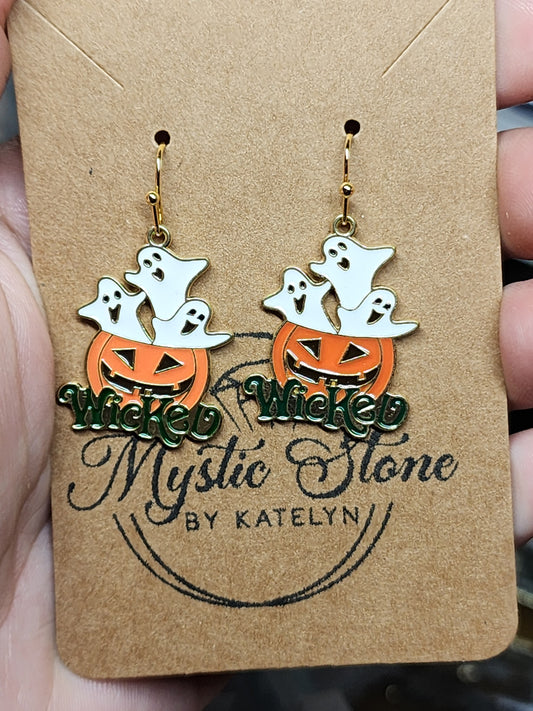 Gold plated "wicked " ghost jack-o-lantern charm style earrings | fun Halloween earrings, enamel hypoallergenic nickel free