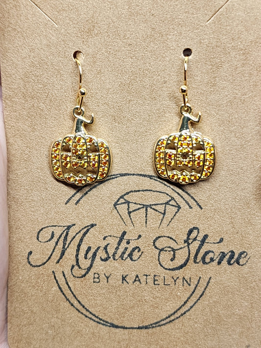 Sparkley Gold or silver Plated CZ Jack-o-lantern charm style earrings  | fun Halloween earrings, hypoallergenic nickel free, cute earrings