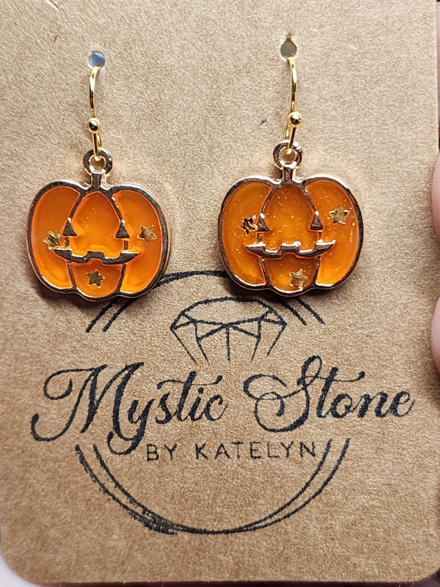 Gold plated transparent enamel jack-o-lantern charm style earrings | fun Halloween earrings, enamel hypoallergenic nickel free