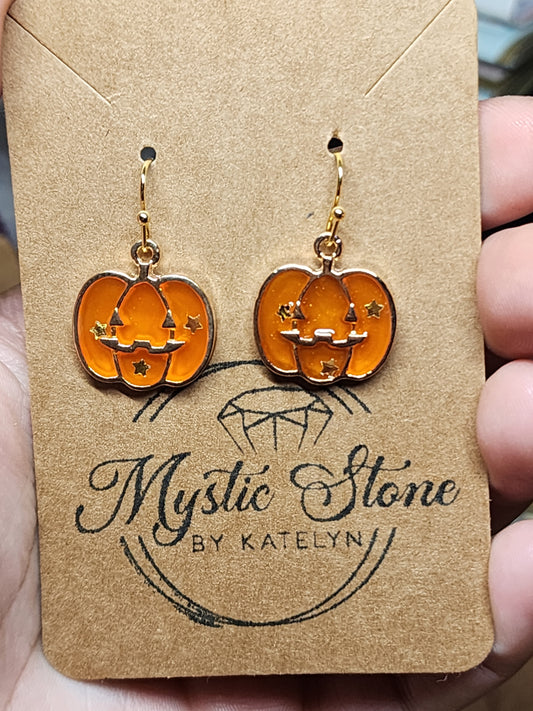 Gold plated transparent enamel jack-o-lantern charm style earrings | fun Halloween earrings, enamel hypoallergenic nickel free